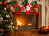 Empty wooden table in front of decorated fireplace and Christmas tree. Place for text.